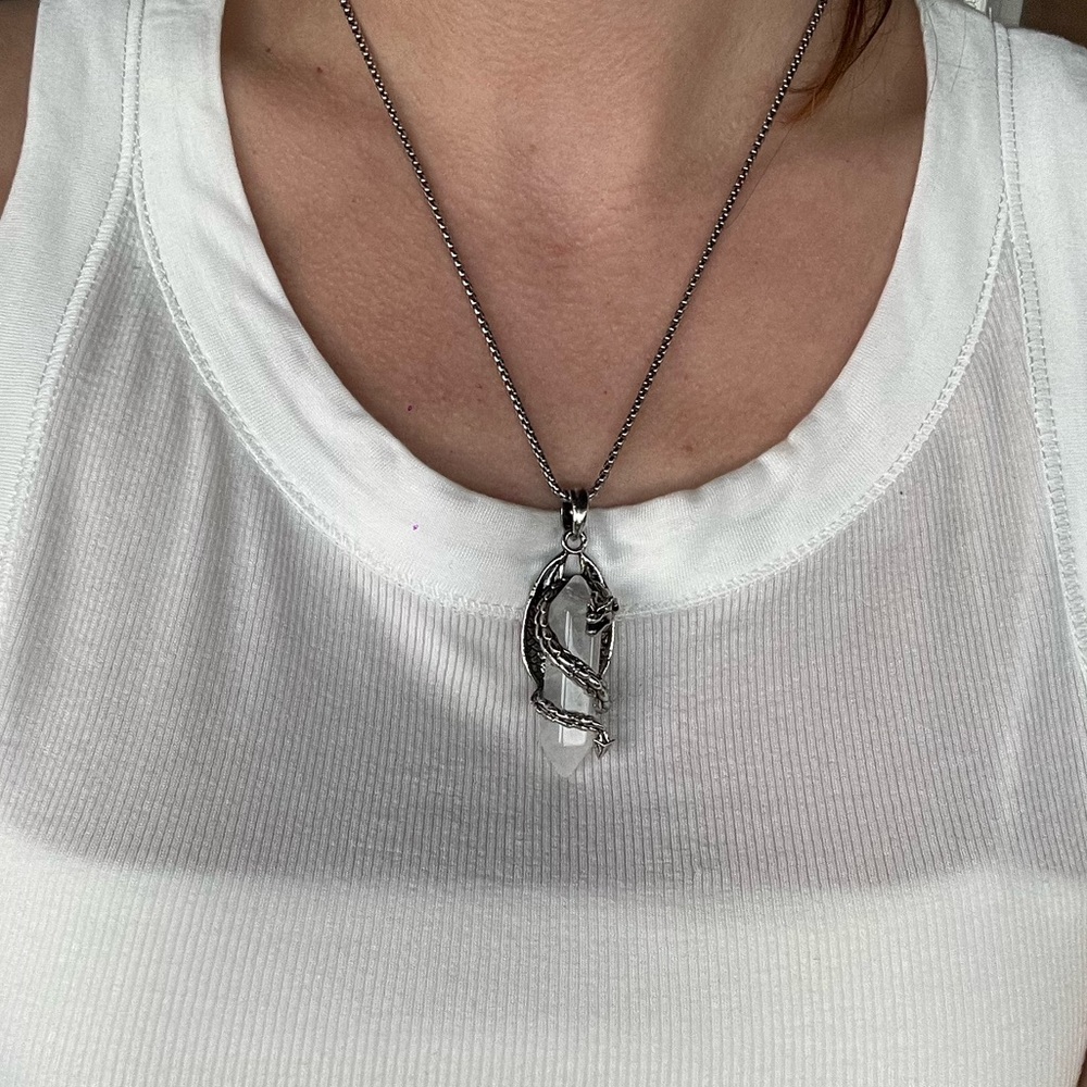Clear Quartz Dragon Necklace Mens Crystal Necklace Clear Quartz Unisex Necklace - Picture 4 of 4